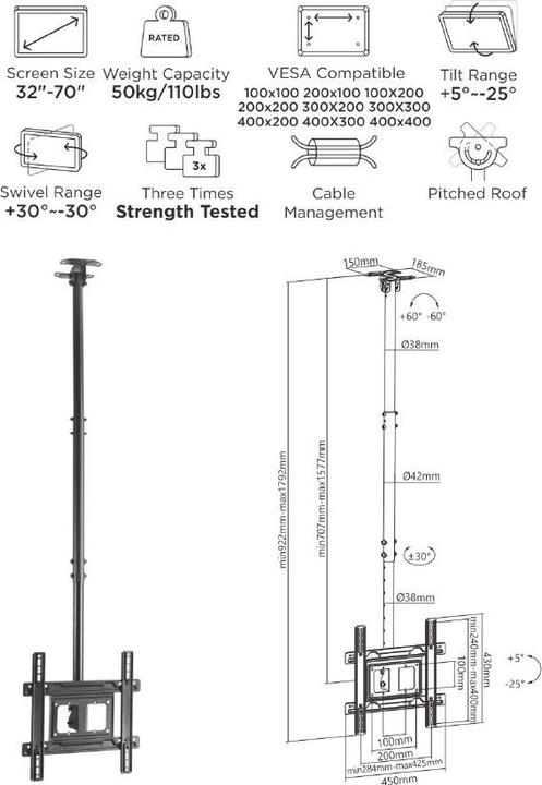 Produktbild equip TV Decken Haengehalterung (Decke, 50 kg, 32" - 70")