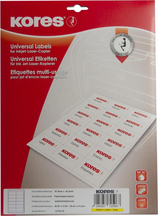 Image du produit Kores Étiquettes universelles, 97 x 42,3 mm, blanc, 25 feuilles