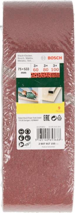 Produktbild Bosch Zubehör Schleifband-Set für Bandschleifer, 9-teilig, 75 x 533 mm, Körnung 60, 80, 100 (100, 60, 80)