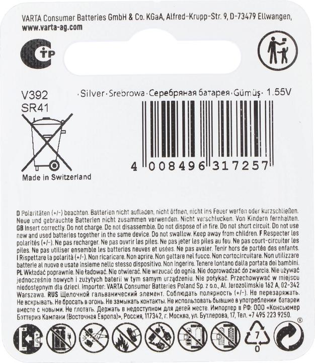 Produktbild Varta Watch V392 (1 Stk., SR416, 38 mAh)