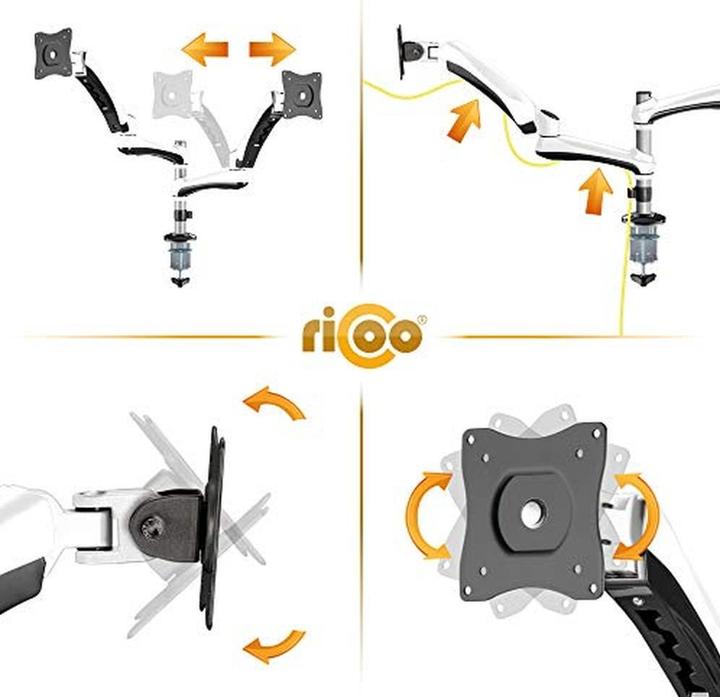 Image du produit Ricoo Support PC double écran pivotant et inclinable, bras articulé à gaz, fixation VESA (Tables, 27", 9 kg)