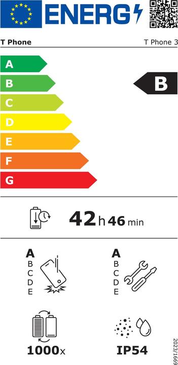 Etichetta energetica Telekom Telefono T 3 (128 GB, argento ghiacciato, 6.60", SIM + eSIM, 5G)