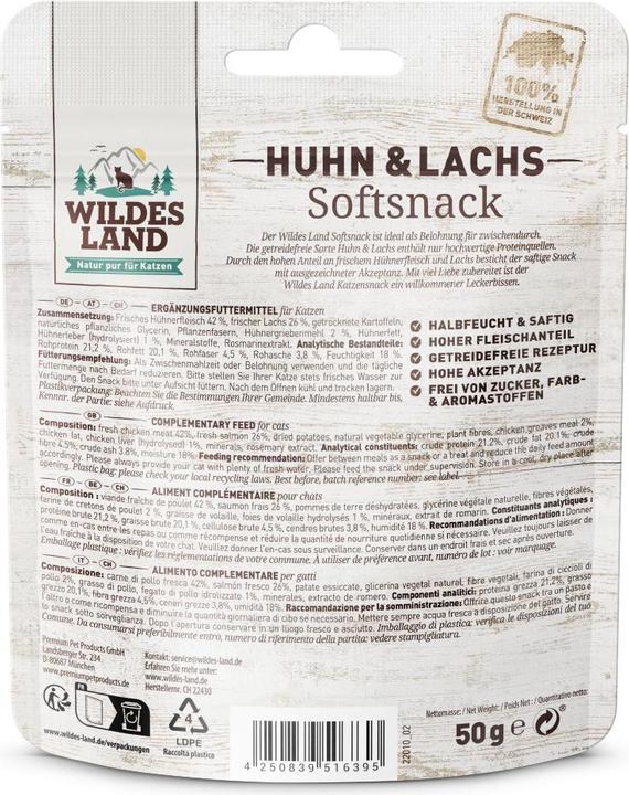 Nutritional values and ingredients Wildes Land Soft snack chicken & salmon 50 g, snack type: treat (Adult, 1 pcs., 50 g)