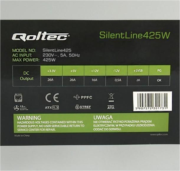 Immagine prodotto Qoltec SilentLine - 425 W - 230 V - 50 Hz - 5 A - Passivo - 26 A (450 W)