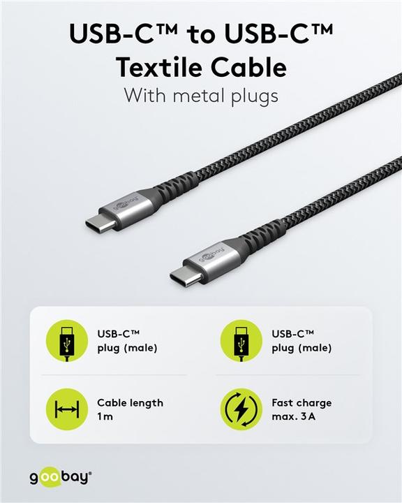Productafbeelding Goobay USB-C™ naar USB-C™ textiel kabel met metalen stekkers (space grijs/zilver) 1 m, zwart-grijs (1 m, USB 2.0)