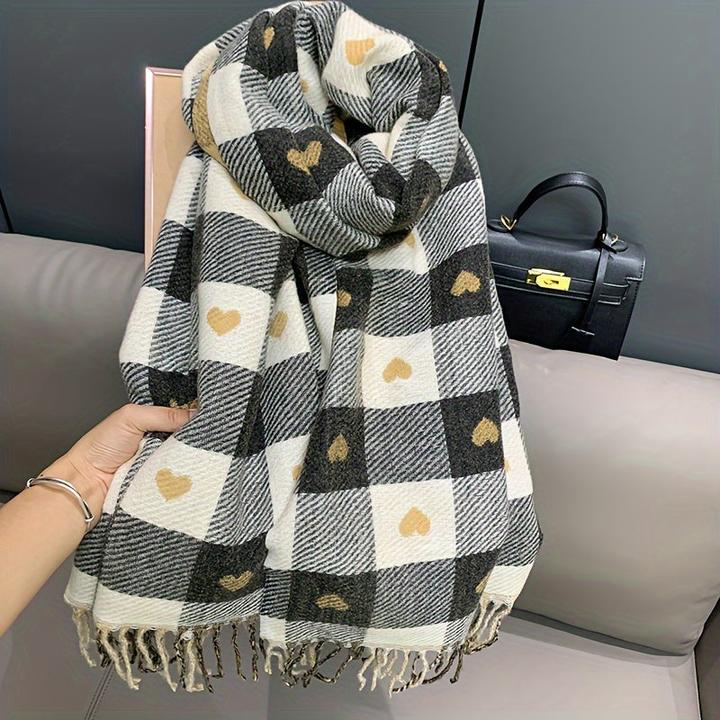Image du produit Only-Bags.Store Écharpe à motif de coeur double face, écharpe chaude à carreaux pour l'hiver, écharpe douillette