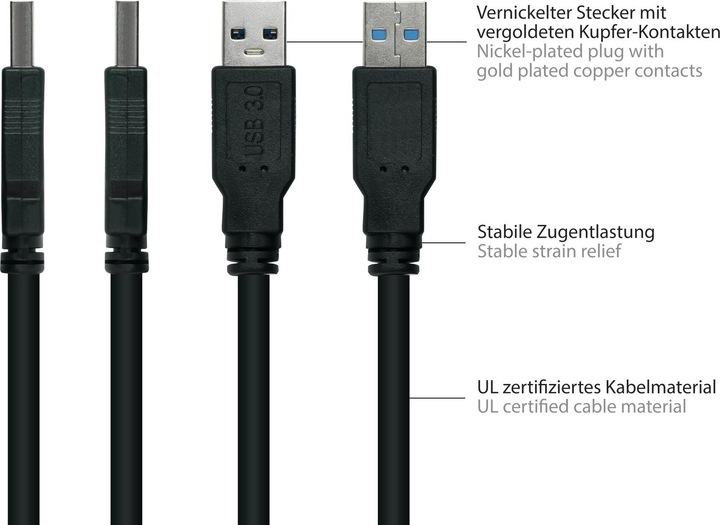 Produktbild Kabelmeister Anschlusskabel USB 3.0 Stecker A an Stecker B, Premium, DATA AWG28 / Power AWG24, UL (3 m, USB 3.2 Gen 1)