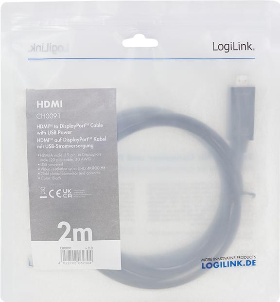 Actual product image LogiLink CH0091 HDMI cable A/M + USB-A/M to DP/M, UHD 4K/30 Hz, bw, 2 m (2 m, HDMI)