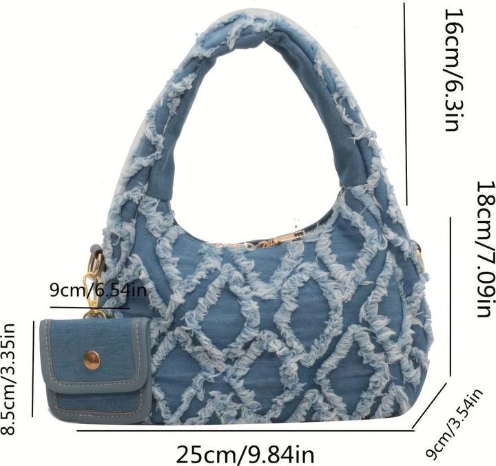 Image du produit Only-Bags.Store Umhängetasche aus Denim mit Rautenmuster und Fransendetail - Stylische Halbmond-Achselhöhlentasche