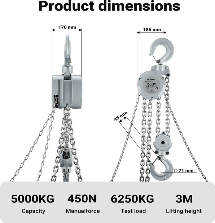 Actual product image Wiltec Kettenzug bis 5t Handkettenzug 3m Hubhöhe Tragmittel Hebezeug Hebelzug