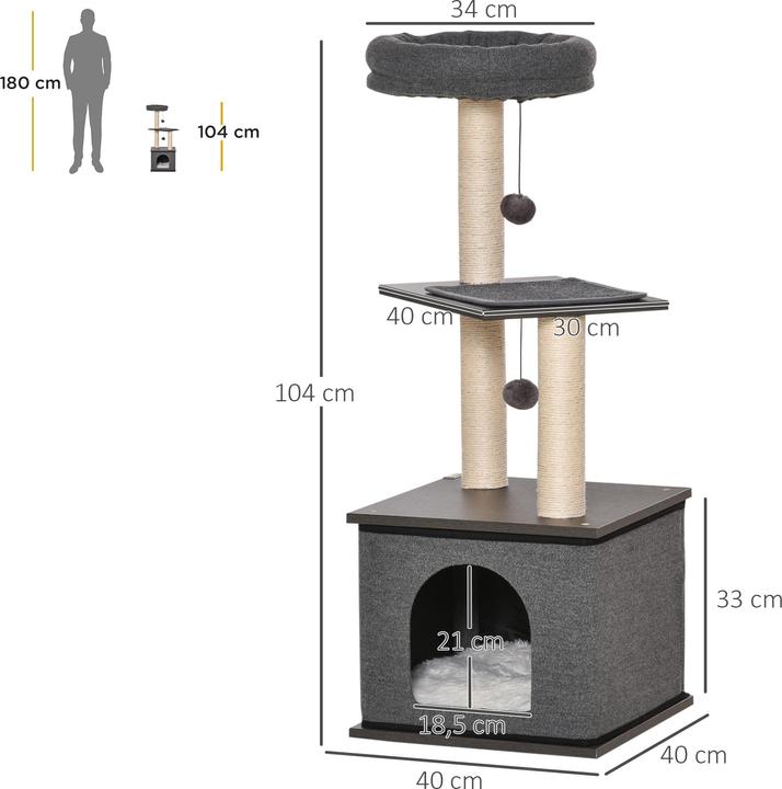 Immagine prodotto PawHut Albero per gatti con grotta per gatti e palline sospese (104 cm, Grigio scuro)