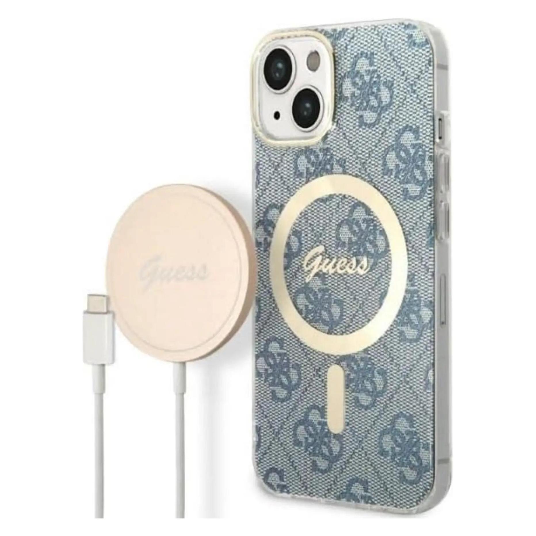 Guess Zestaw GUBPP14SH4EACSB Case+ Charger IPhone 14 6, 1" Niebieski/blue Hard Case 4G Print MagSafe (Apple IPhone 13, Apple IPhone 14, Apple IPhone