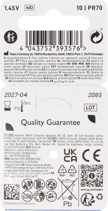 Actual product image Varta Hearing aid batteries type 10 1.4V (6-pack) (6 pcs., PR70, 105 mAh)