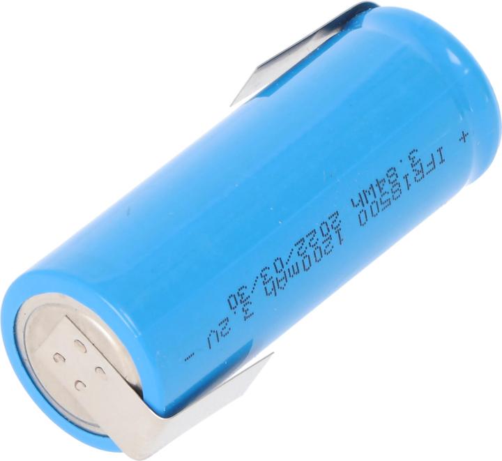 Actual product image EIZfan Battery IFR 18500 LiFePo4 Flat Top unprotected, solder tag Z