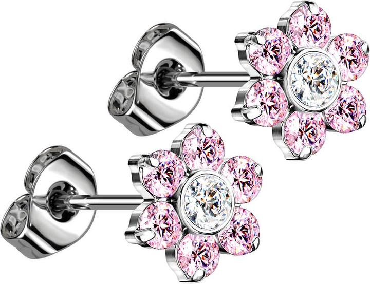 Produktbild Star Piercing Threadless Ohrstecker silber Blume Kristalle pink (ohne Messing, Titan)