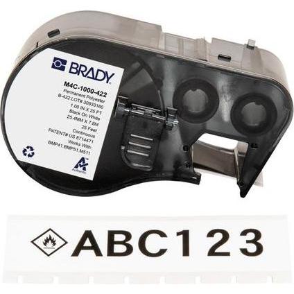Brady, Etiketten, M4C-1000-422, Polyester, Schwarz auf weiss, glänzend, 25.40 mm x 7.62 m, permanent, Endlos