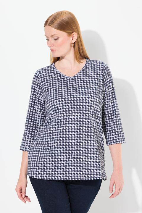 Image du produit Ulla Popken T-shirt à col V et manches 3/4, en coton Pima, motif pied-de-poule (42, 44)