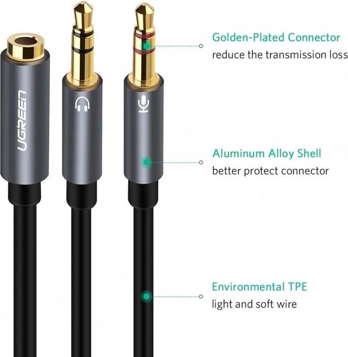 Actual product image Ugreen Microphone and headphone Y splitter 3.5 mm jack (0.20 m, 3.5mm jack (AUX))