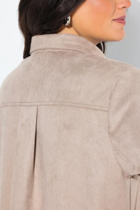 Image du produit Ulla Popken Veste longue aspect cuir suédé, col chemise et manches longues, coupe évasée (62)