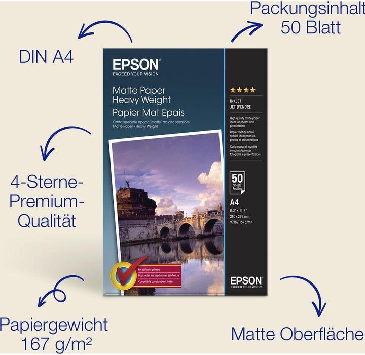 Actual product image Epson Matte Paper Heavy Weight (167 g/m², A4, 50 x)