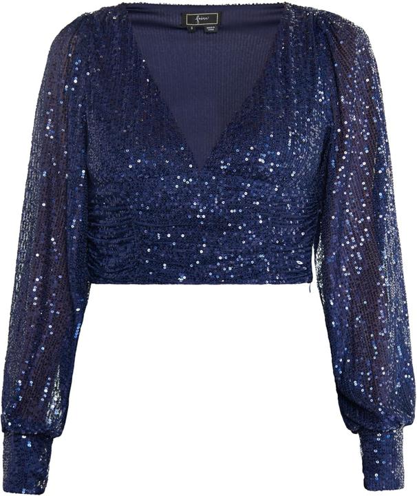 Actual product image Eyota Long Sleeve Shirt with Sequin Top, Deep V-Neck, Puff Sleeves, Side Zipper, Soft Lining (M)