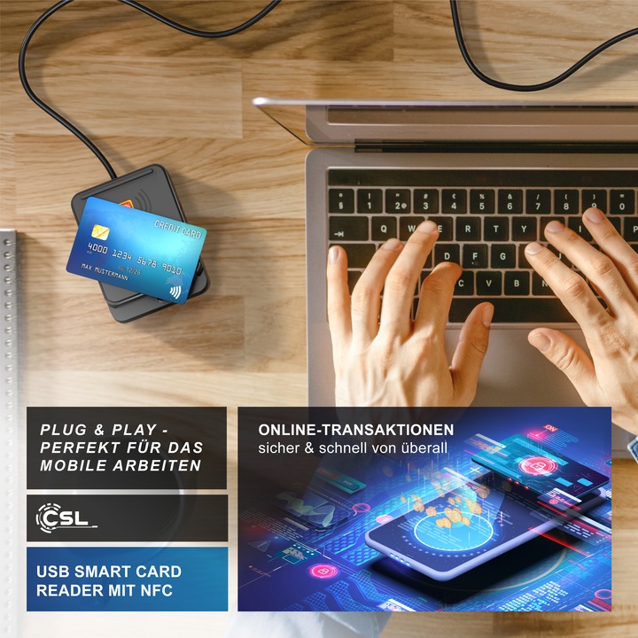 Produktbild CSL USB Chipkartenleser, NFC, ISO 7816/14443, kompatibel mit Mac OS X & Windows 11, für Personalausweis (USB)