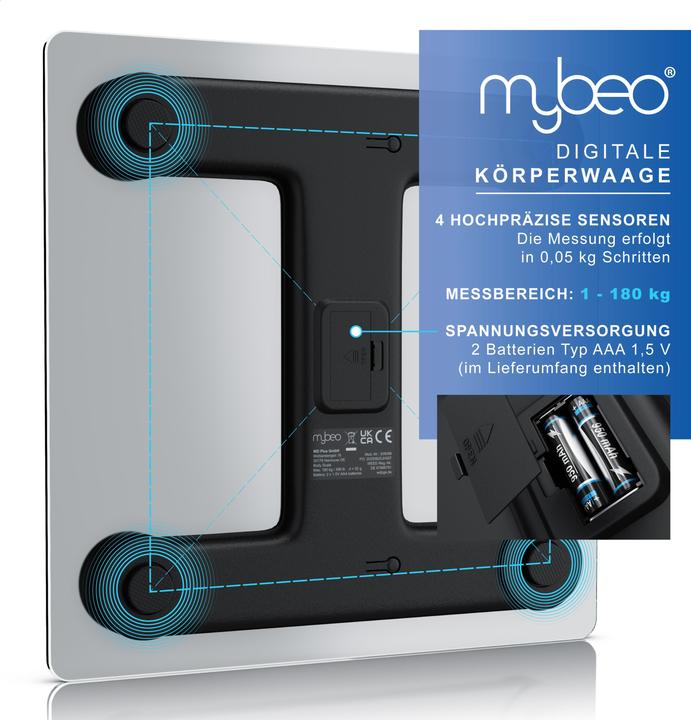 Actual product image Mybeo Personenwaage digital, max.180 kg Belastung, Trittfläche aus 6mm Sicherheitsglas, schmales Design (180 kg)