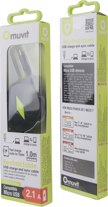 Image du produit Muvit Câble Rétractable 2.1a Usb/Micro-Usb Noir (1 m, USB 2.0)