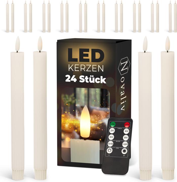 Novaliv LED Stabkerzen 24 Stück ECHTWACHS gerippt WEISS - mit Timer Funktion 6 Stunden - 23cm Höhe für (24 x)