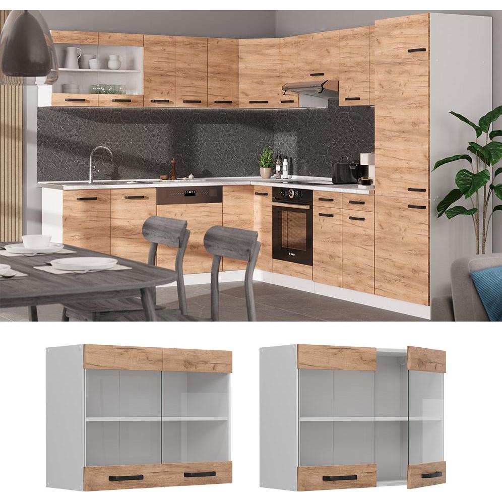 Thumbnail - Vicco, Regal, Küchenglasschrank R-Line, Goldkraft Eiche/Weiss, 80 cm (80 x 60 x 31 cm)