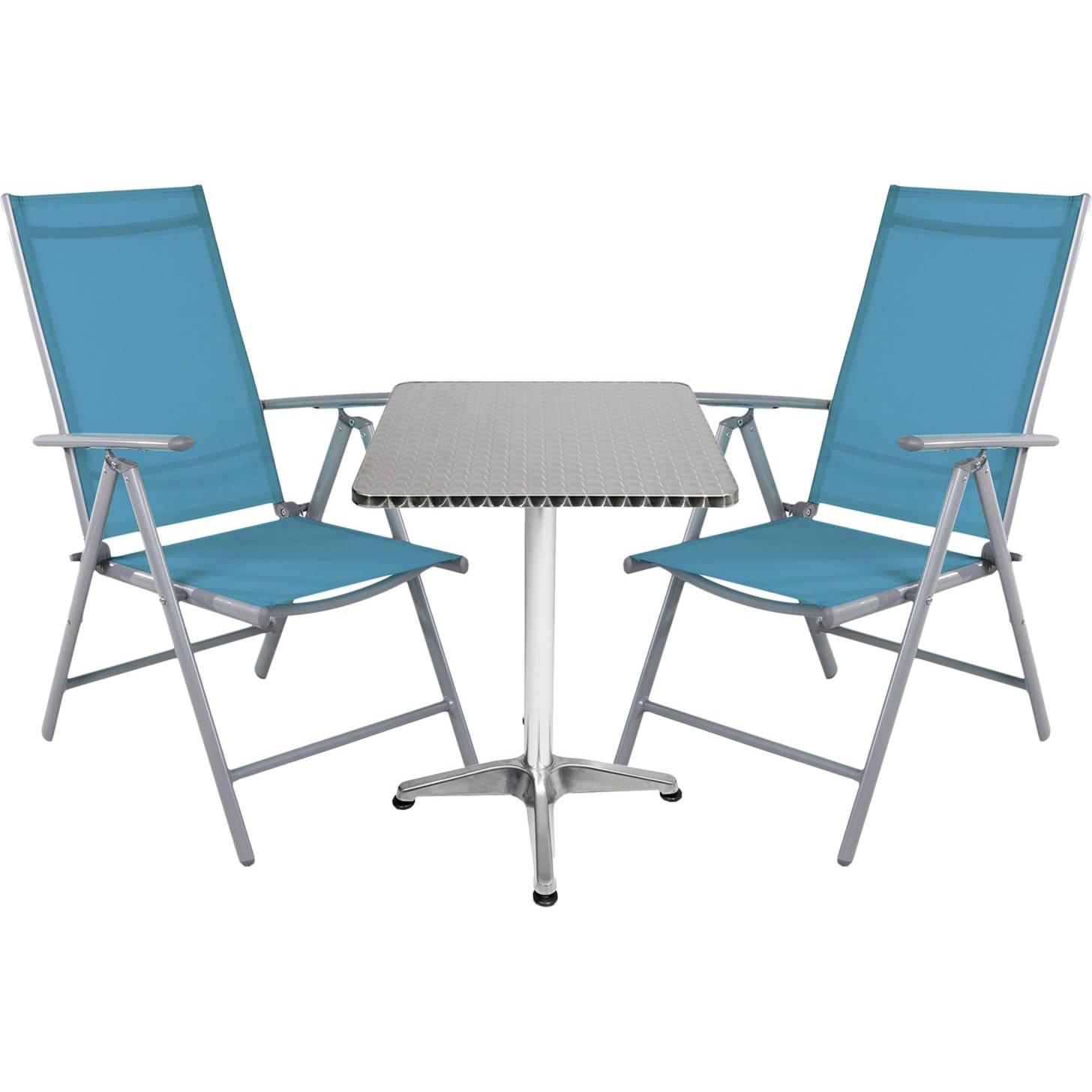 Mojawo, Gartentisch + Balkontisch, Bistrogarnitur 3-teilig Aluminium - Textilen Silber / Patrol (60 cm)