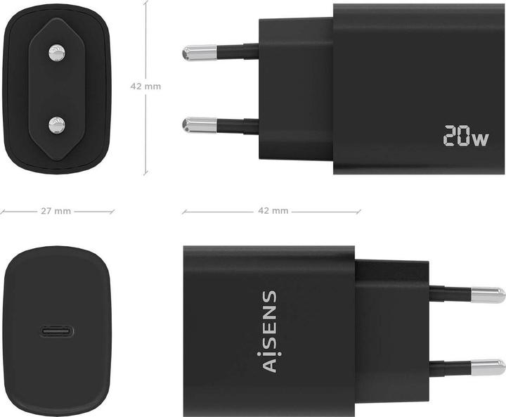 Actual product image Aisens CARGADOR USB-C PD3.0 1 PUERTO 1XUSB-C 20W NEGRO (20 W, 1 portion)