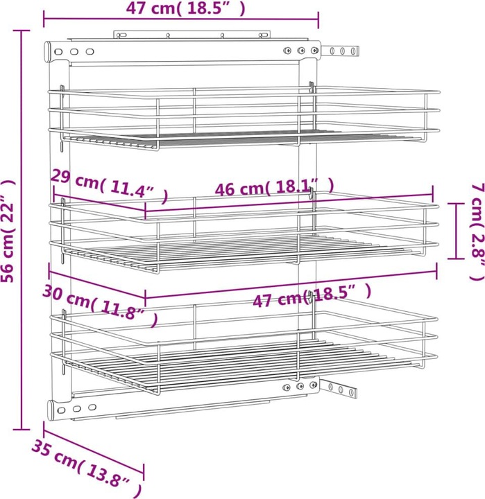 Produktbild Diverse Hardware 3-stufiger Ausziehbarer Küchen-Drahtkorb Silbern 47x35x56 cm (1 x, 47 x 35 x 56 cm)