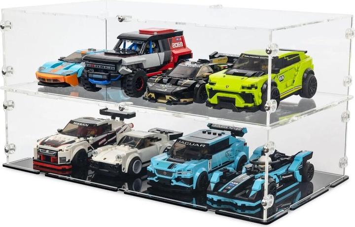 Actual product image iDisplayit Acrylic display XL for 4 LEGO® Speed ​​Champions models side by side (with clear base, stackable)