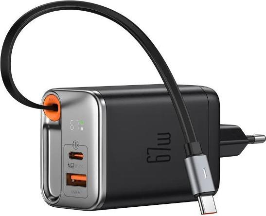 Actual product image Mcdodo CH-4100 67W GaN 2-in-1 USB-C+A charger, 65cm USB-C cable, black (67 W, 2 ports)