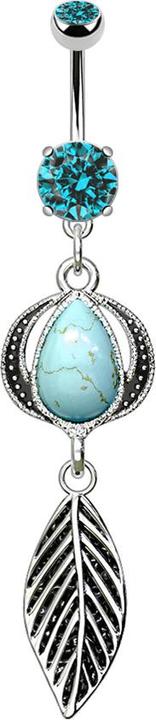 Produktbild Star Piercing Banane silber mit Anhänger Blatt und türkis Stein (Mineralisch, Chirurgenstahl 316L, ohne Messing)