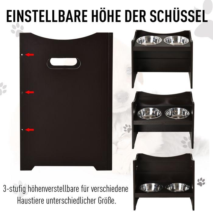 Produktbild Swisshandel24 Höhenverstellbarer Hunde Fressnapf, Futterstation, Edelstahlnapf, Katzenapf, MDF, Edelstahl, Dunkelb (2 l)