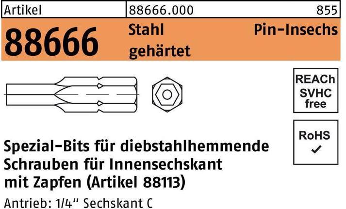 Productafbeelding Bit R 88666 Binnenzeskant met stift SW2 /M 3+M3.5 gehard staal (Zeskantbus TX)