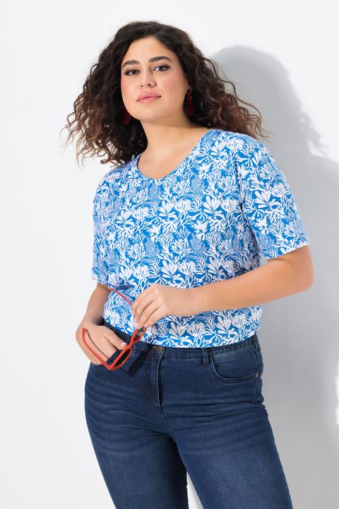Produktbild Ulla Popken T-Shirt, floraler Druck, A-Linie, V-Ausschnitt, Halbarm (46, 48)
