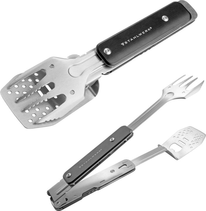 Stahlwerk BBQ Multitool Grillbesteck mit Grillzange Grillgabel Grillwender