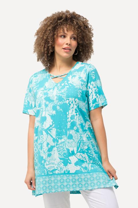 Image du produit Ulla Popken T-shirt col en V et manches courtes. Mélange d'imprimés et cordons fantaisie. (46, 48)