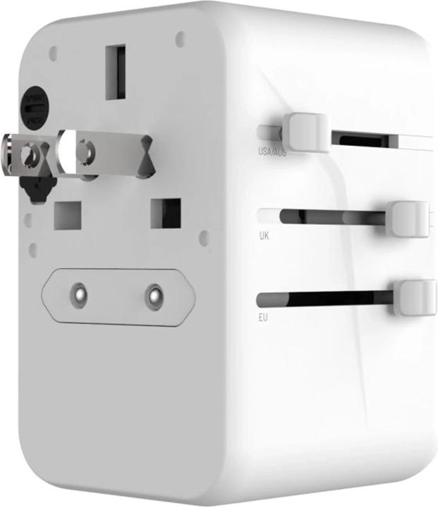 Actual product image Fixed Voyager 65 W travel adapter for EU, UK and USA/AUS, with 3xUSB-C and 2xUSB output, GaN, PD 65W, whit