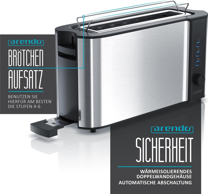 Produktbild Arendo Toaster Edelstahl Langschlitz 2 Scheiben, Doppelwand, Brötchenaufsatz, Display mit Restzeitanzeige