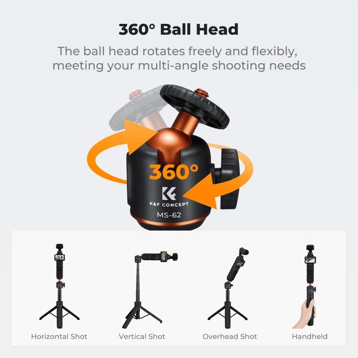 Image du produit K&F Concept MS-62 65cm Selfie Stick (Mid Size), Phone Holder, Action Cam. Adapter, 1/4"-20 Screw