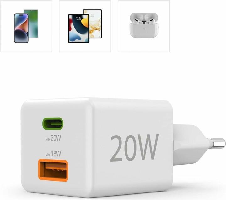Produktbild Hama Schnellladegerät, 1*USB-C PD, 1*USB-A QC, Mini-Ladegerät, 20W, Weiss (20 W, 2 Ports)
