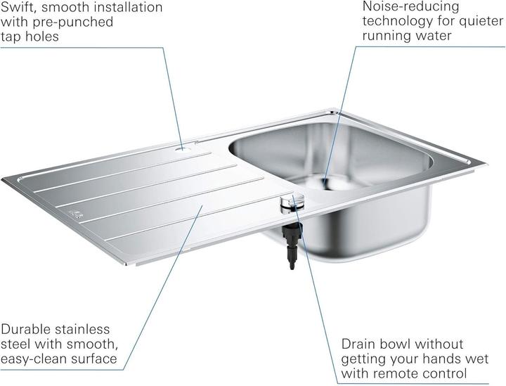 Immagine prodotto Grohe Lavello in acciaio inox K200 con sgocciolatoio (Lavandino montato in alto, 50 cm, 86 cm)