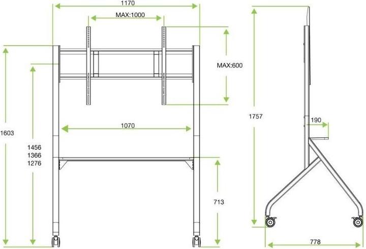 Produktbild Techly EFB TV Wagen fur LCD/LED/Plasma TV 165,1cm 65Zoll - 254cm 100Zoll weiss (100", 100 kg)