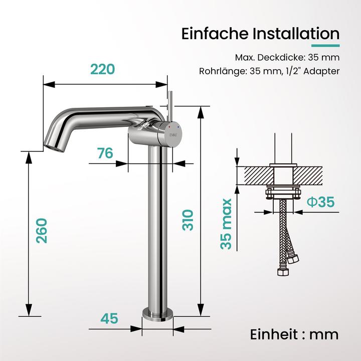 Produktbild Emke Wasserhahn Bad Messing Keramikkartusche Luftsprudler Waschtischarmatur Mischbatterie einfache Instal