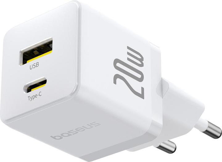 Produktbild Baseus - Wall Charger Palm (CCZC20UE) - 2in1 Fast Charger, USB, Type-C, 20W, 5V/3A - Moon White (20 W, 2 Ports)