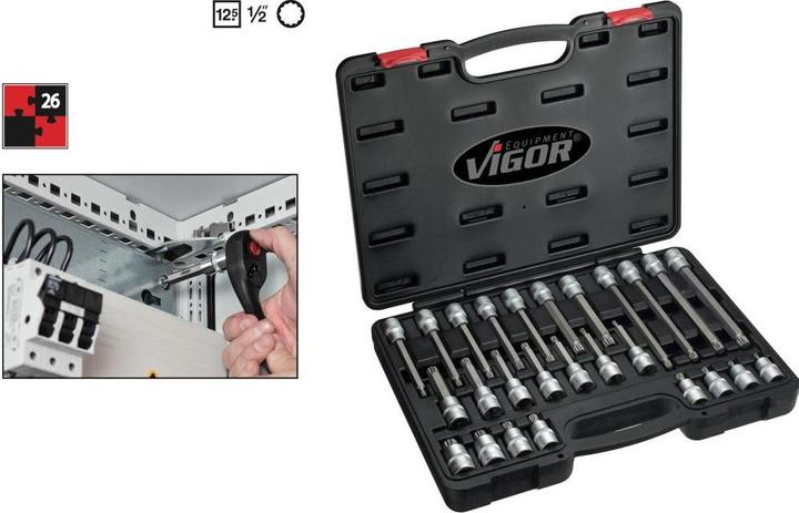Actual product image Vigor Internal multi-tooth screwdriver bit set (XZN) ∙ V1918 ∙ Square 12.5 mm (1/2 inch) ∙ Internal...